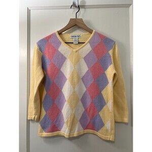 Vintage Cambridge Spirit Women's 3/4 Sleeve V Neck Yellow Argyle Sweater Size S